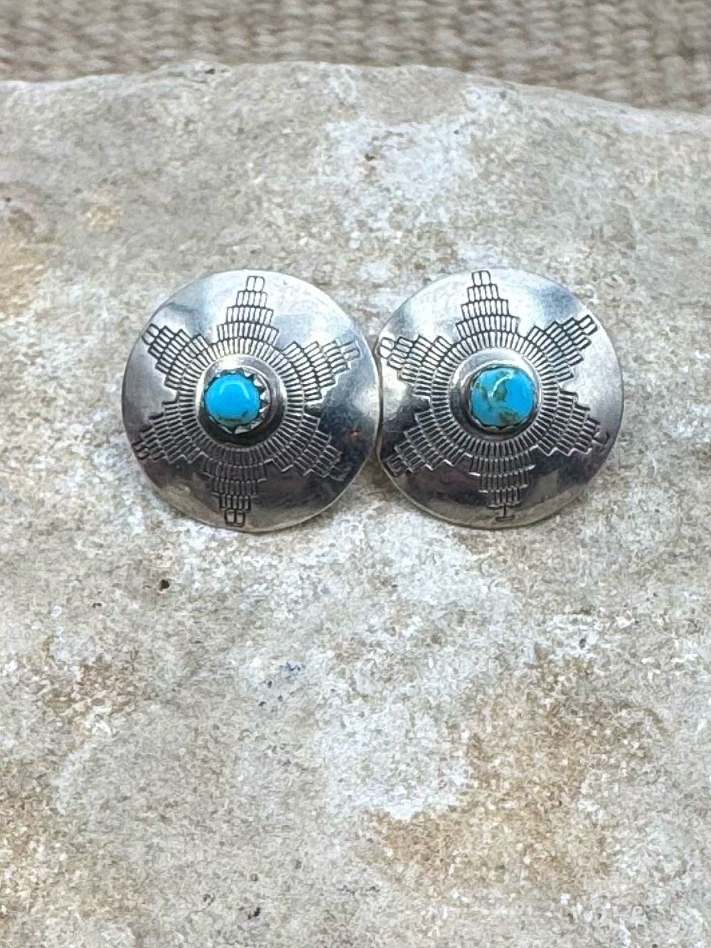 Vintage Navajo Native American Sterling Silver Turquoise Basket Stud Earrings